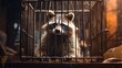 Poor Raccoon locked in cage. Lonely raccoon in captivity behind a fence with sad look. Concept of animal rights, wildlife conservation, captivity stress, endangered species, conditions of zoos