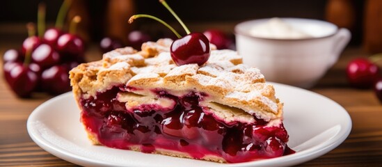 Wall Mural - A delectable slice of cherry pie sits on a clean white plate, showcasing the beautiful combination of food and serveware in this dessert dish