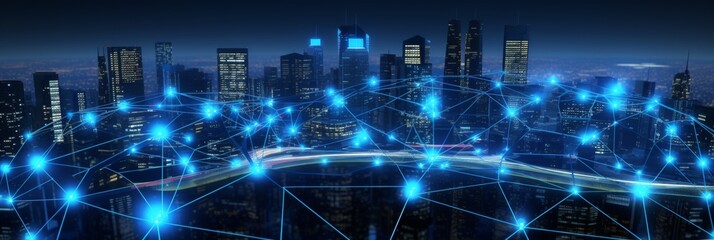 Poster - futuristic city model illustrating abstract wireless network connection technology concept