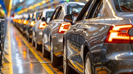 Poster - diverse engineering team collaborating on luxury vehicle production line in modern automotive plant