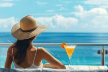 A woman relaxing on the hotel terrace with her cocktail, enjoying the view of the blue sea and sky Generative AI