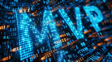 blue matrix binary code forms the acronym MVP , symbolizing the concept of Minimum Viable Product .

