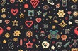 pixel art objects hearts, stars, and video game characters seamless tile pattern