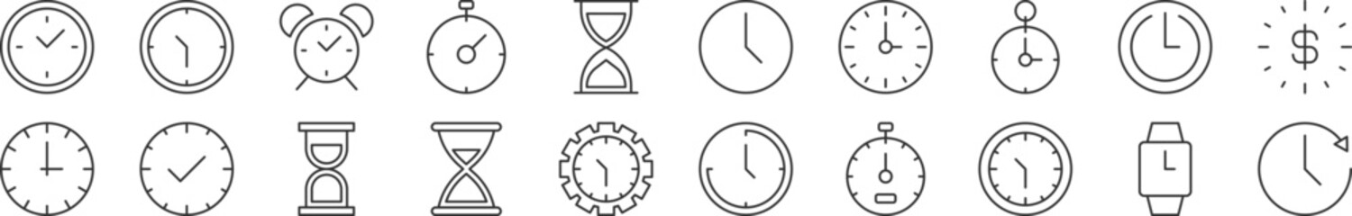 Wall Mural - Collection of thin signs of clock as time. Editable stroke. Simple linear illustration for stores, shops, banners, design