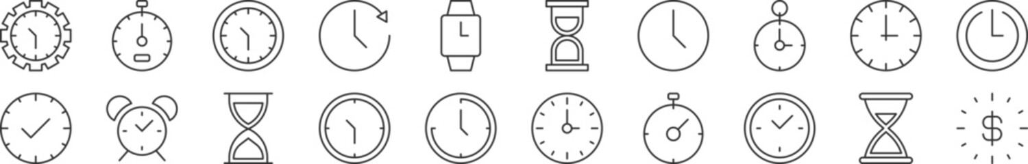 Wall Mural - Clock as time line icons collection. Editable stroke. Simple linear illustration for web sites, newspapers, articles book