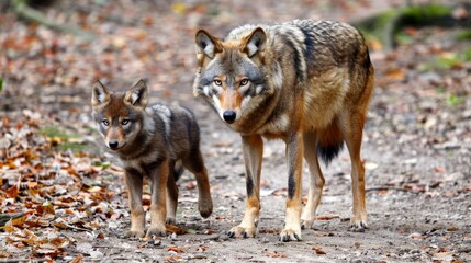  Male wolf and small cub portrait with generous space for text, object positioned on the right side