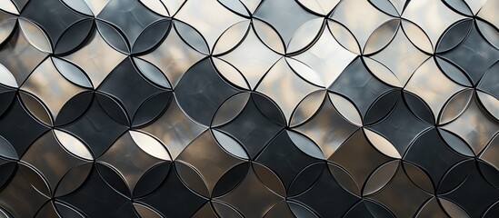 Sticker - A detailed close up of a geometric pattern on a metal wall, resembling a flooring design. The intricate design features a composite material, creating a modern and industrial look