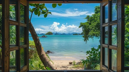  View from the house from inside an open window to the beach with blue water, white sand beach, rocks in the background, turquoise sea water, tropical forest, sunny day. View from the window.
