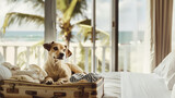 Fototapeta Zwierzęta - Dog in Pet-Friendly Hotel Room on Bed