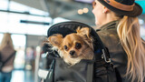 Fototapeta Zwierzęta - Woman Taking Dog Through Airport on Vacation
