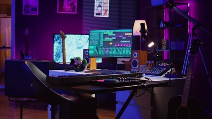 Poster - Empty home studio equipped with mixing console and soundboard, piano and other musical instruments to help with track recording. Mastering and mixing tunes on pc software, panel controls. Camera B.