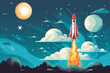 rocket in space colorful flat lay illustration