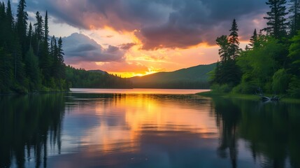 Wall Mural - Tranquil Canadian Lake at Sunrise, Canada, Forest, Serene, Scenic Landscape