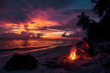 Wall Mural - Tropical Island Survivor Lighting Signal Fire, beach, rescuers, picturesque sunset, coastal