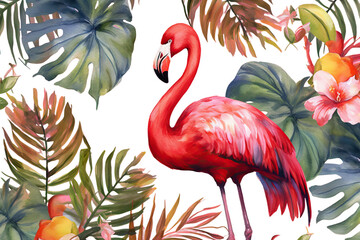 Wall Mural - illustration jungle flamingo wallpaper watercolor seamless print pattern scrapbooking cloth drawn nature flowers bird tropical hand textile wildlife