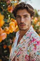 Male model trendsetter fashion shoot, wearing floral blazer, spring style