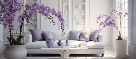 Canvas Print - A living room with a white couch and purple pillows, adorned with elegant purple orchids. The violet petals complement the textile and furniture, creating a luxurious and stylish interior design