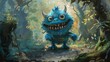 a playful blue monster with big, expressive eyes and a mischievous grin, ready to embark on adventures in a whimsical forest setting.  attractive look