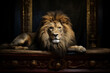 © ADDICTIVE STOCK - AI Generated Image Lion relaxing on Medieval European king bed in the empire palace interior