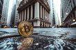 © ADDICTIVE STOCK - Golden Bitcoin on Urban Street with Skyscrapers. Generative AI image