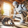Friendly domestic humanoid household robot feeds the cat. Bowl of kibbles. Taking care of the pet. Supervision. Artificial intelligence. Android service robot. Generative AI