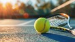 tennis courts, racket and ball close-up
