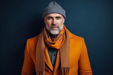 Sticker - Handsome mature man in a warm orange coat and hat.