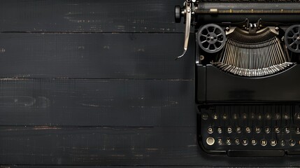 Wall Mural - Top view of old typewriter on black wooden table, copy space. generative AI image