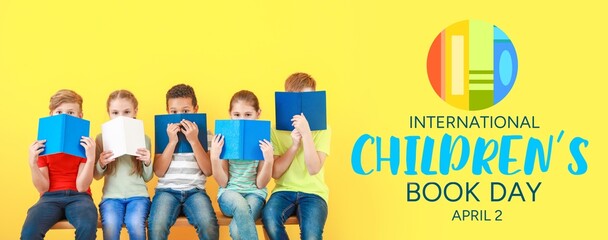 Sticker - Banner for International Children's Book Day with many little kids