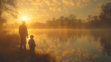 Father And Son Bonding Over Fishing At Sunrise