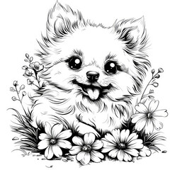 Wall Mural - A drawing of a dog with flowers and a butterfly, coloring book for kids.