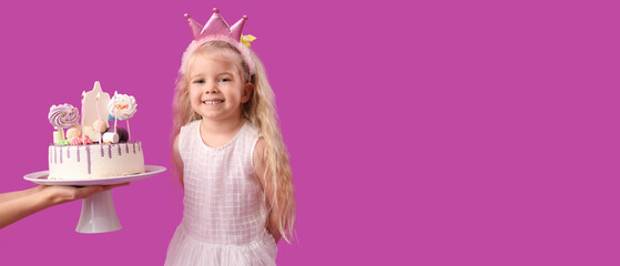 Poster - Cute little girl and hands with Birthday cake on purple background