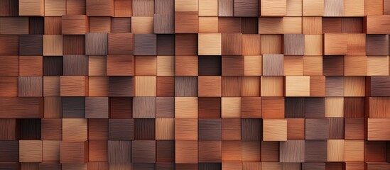 Poster - A closeup of a symmetrical wall made of brown rectangular wooden squares, showcasing the beauty of hardwood flooring and wood stain as a building material