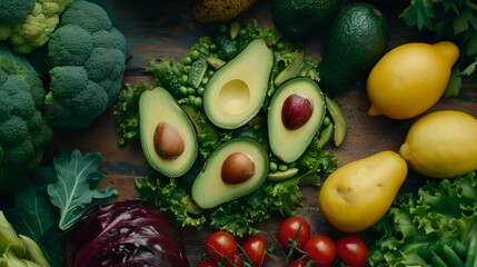 Wall Mural - Avocado Salad - Healthy Greens, colorful vegetables, healthy meal, top-down view, salad preparation