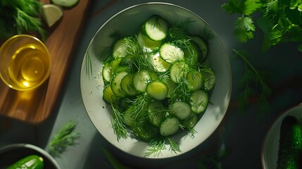 Wall Mural - Cucumber and Dill Salad - Fresh and Crisp, top-down view, fresh ingredients, nutritious, side dish