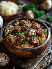 Wall Mural - Stewed sauerkraut with cooked meat bites polish athentic bigos