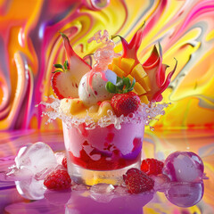 Wall Mural - ice cream with mixed fruits and berries on colorful background 