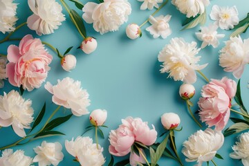 Sticker - White and pink peony flowers on a blue background, overhead shot on blue background.