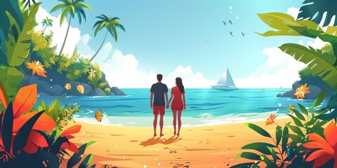 couple on the beach vacation summer illustration banner