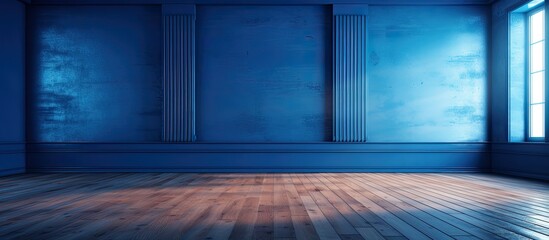 Sticker - A room with electric blue walls and a hardwood floor in a symmetrical layout. The rectangle of the door frames the horizon of the wooden flooring