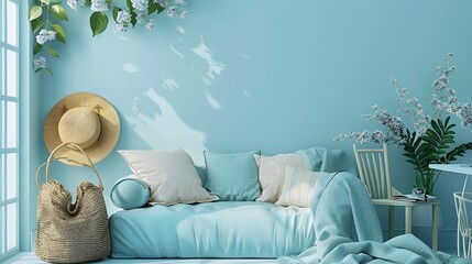 A blue room with a sofa and pillows and a straw hat and beach bag. 