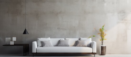 Sticker - A modern living room with a white couch, wooden coffee table, and concrete wall. A potted plant and a chair add a touch of greenery