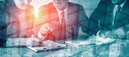 Wall Mural - double exposure image of faded business abstract background with office building and people conferen