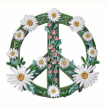 A peace sign with daisies and other flowers Embroidery on white background