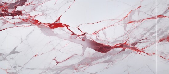 Poster - A closeup image showcasing a marble texture with vibrant red splashes resembling frozen water or snow on a white surface, creating a stunning artistic composition reminiscent of a winter scene