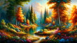 a painting of a colorful forest scene with a lake and trees