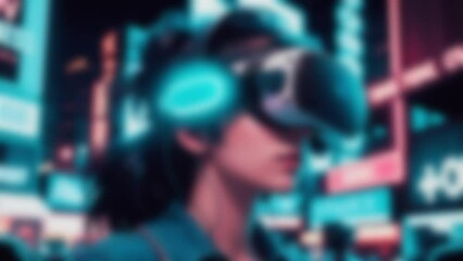 Poster - Woman Wearing VR Headset in Urban Setting Generative AI