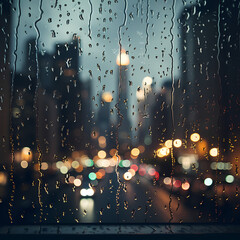 Wall Mural - Raindrops falling on a windowpane with city lights in the background