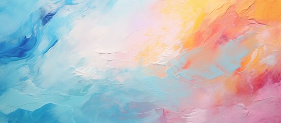 Poster - A closeup shot of a vibrant painting featuring a cloud pattern with shades of pink, electric blue, and magenta on canvas, resembling a meteorological phenomenon