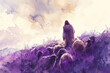 Purple splash watercolor painting of Jesus Christ grazing sheep